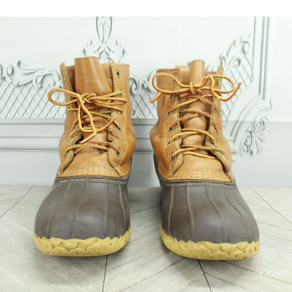 LL Bean Brown Leather Lace Up Unlined Ankle Duck Boots Size 7 M - Picture 4 of 9